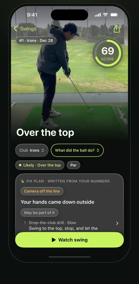 Sticks result screen: the golfer's swing video with the likely cause 'Over the top', a score of 69 and the start of the fix plan